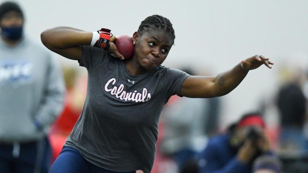 Estelle Katende gets ready to throw. Photo credit: RMU Athletics