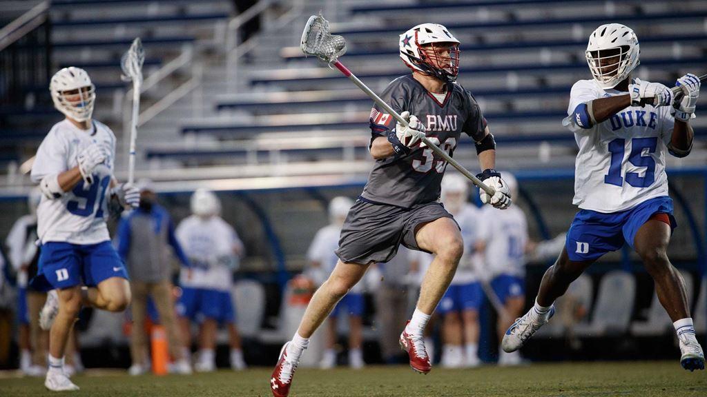 James Leary rushes up the field against Duke. Photo credit: RMU Athletics