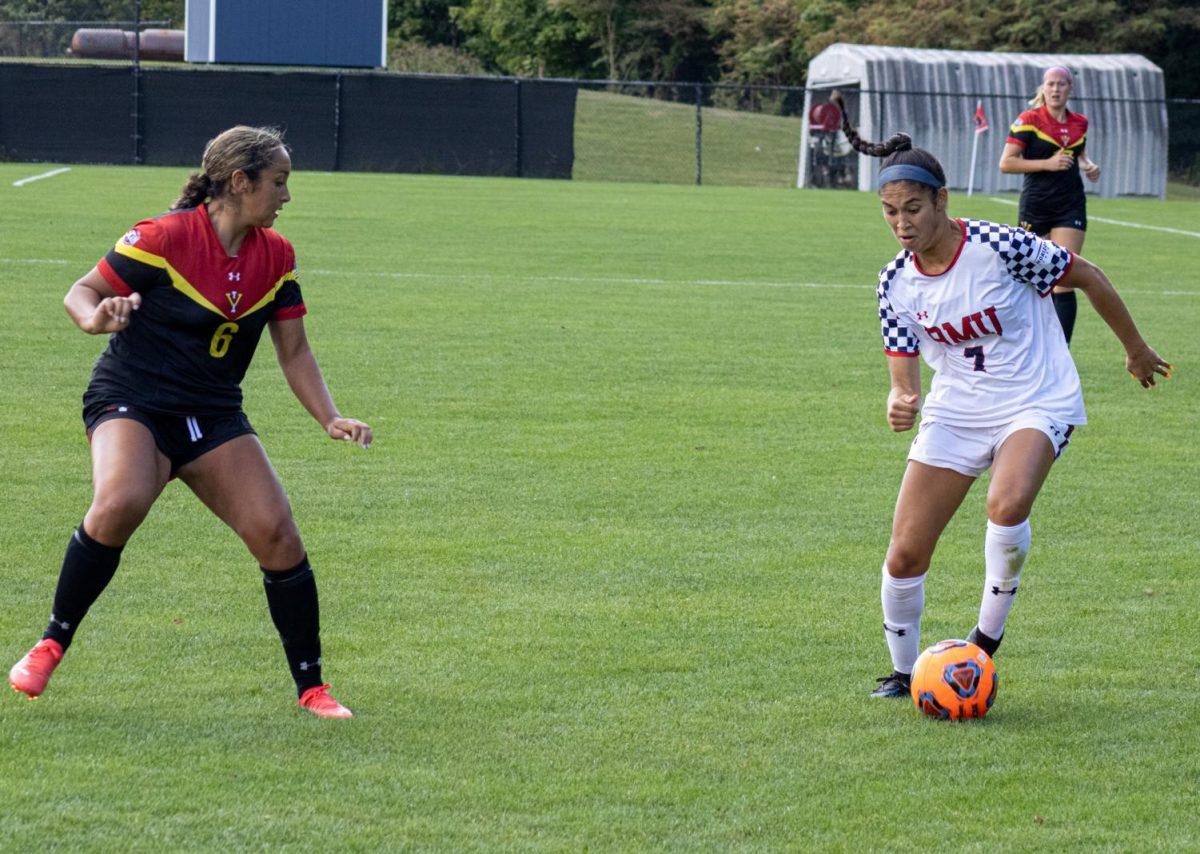 One+of+the+two+Colonial+goal+scorers+Gabriella+Lecuona+pushes+the+ball+ahead+against+VMI.+Photo+Credit%3A+Nathan+Breisinger