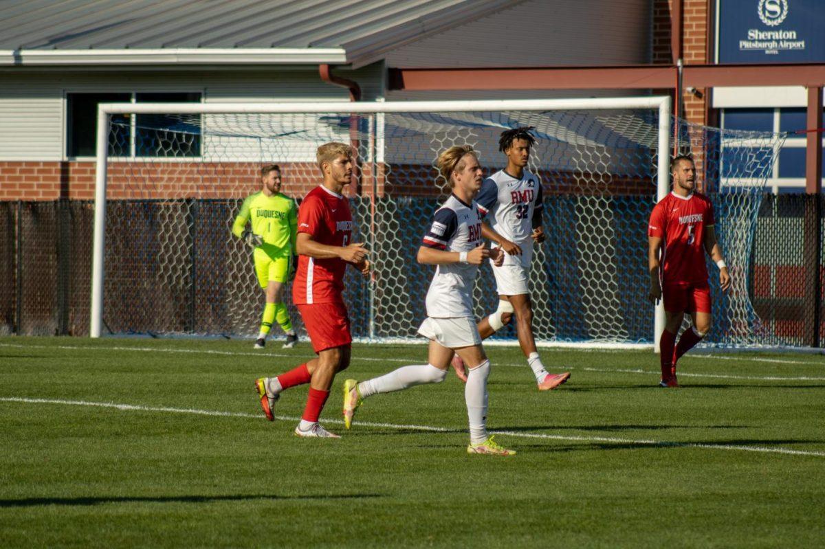 RMU falls short to Duquesne in a whistle-friendly in a 2-1 loss Photo credit: Samantha Dutch