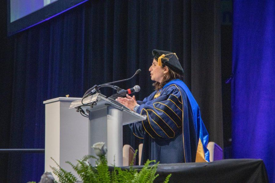 Ninth+President+of+Robert+Morris+University+Dr.+Michelle+Patrick+addresses+the+crowd+during+the+Inauguration+ceremony+on+Oct.+7%2C+2022