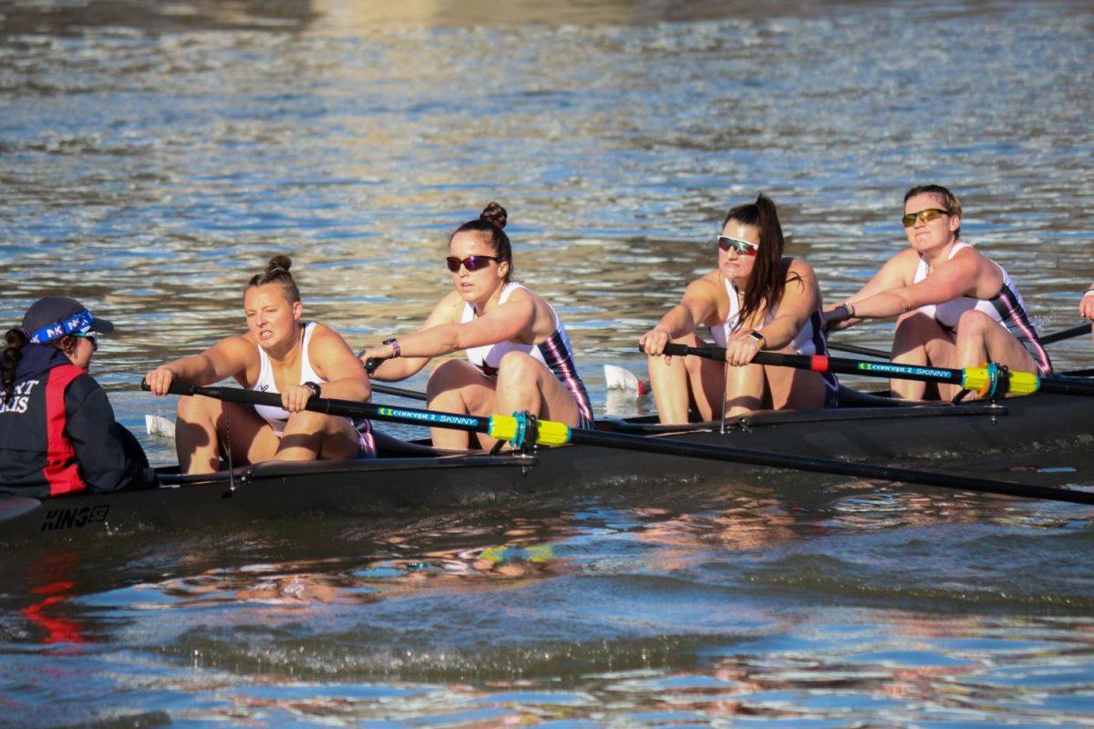 The first Varsity 8 boat is led by seniors Christina Brunette and Maria Ringo.