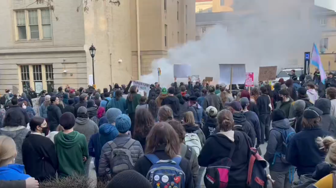 protests outside the University of Pittsburgh building, photo credit: WTAE