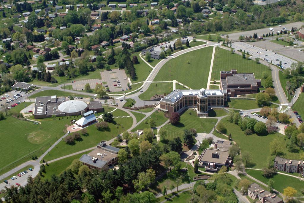 An aerial shot of campus