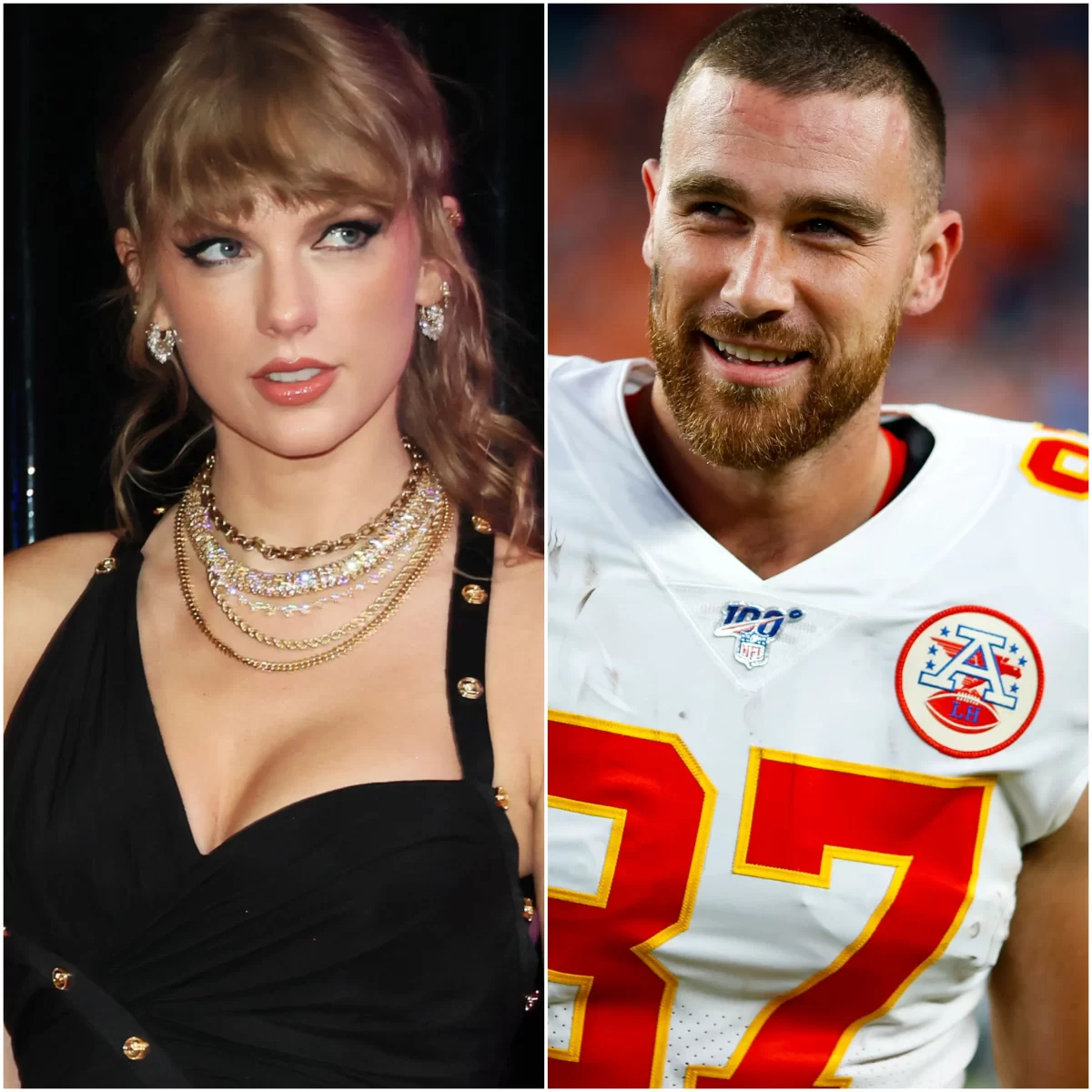 Taylor Swift (left) and Travis Kelce (right)