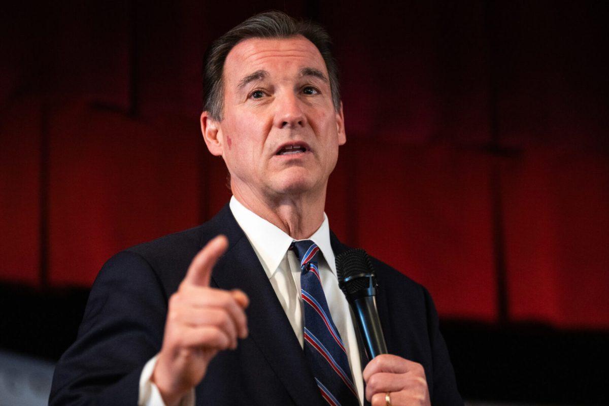 UNITED STATES - FEBRUARY 4: Former Rep. Tom Suozzi, Democratic candidate for New York’s 3rd Congressional District, speaks during a campaign rally at the Polish National Home in Glen Cove, N.Y., on Sunday, February 4, 2024. (Tom Williams/CQ Roll Call)
