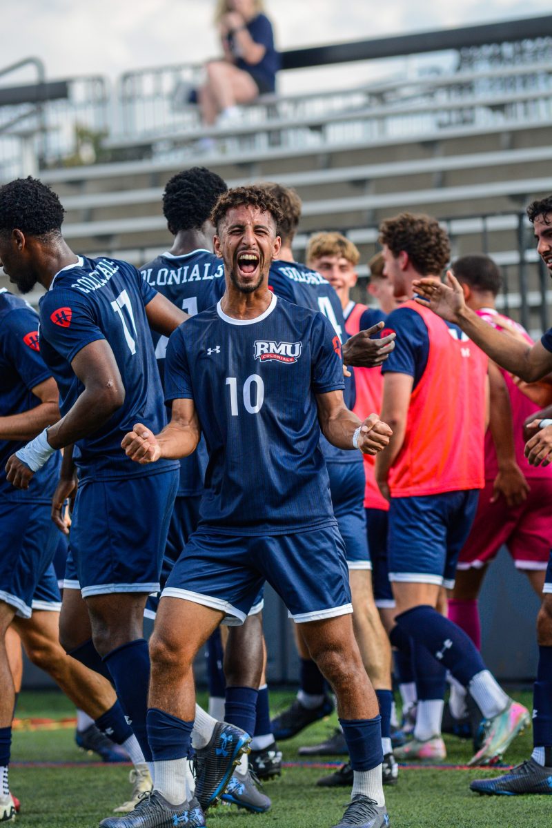 Anass Hadran Celebrates Following His Saved Freekick That Was Put In to Double RMU's Lead Photo credit: Joey Jirmasek