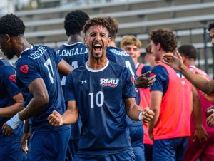 Anass Hadran Celebrates Following His Saved Freekick That Was Put In to Double RMU's Lead Photo credit: Joey Jirmasek