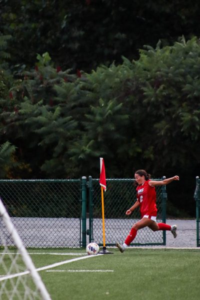 Ava Trethway takes a corner kick against Bowling Green at Montour Junction Photo credit: Sara Krim