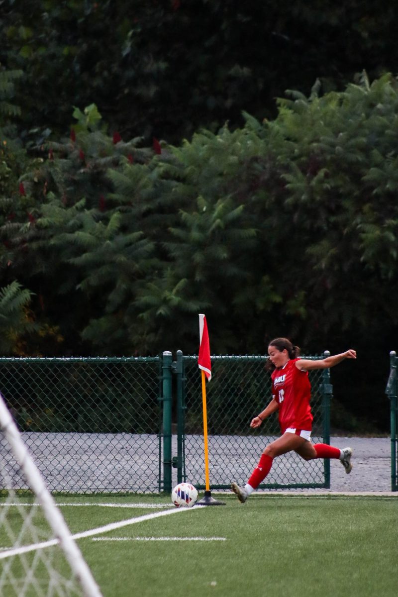 Ava Trethway takes a corner kick against Bowling Green at Montour Junction Photo credit: Sara Krim